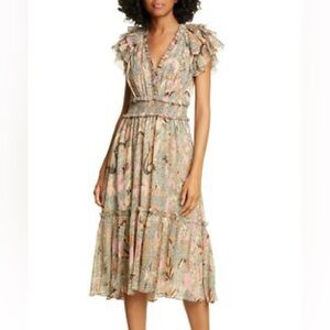 Ulla Johnson Floral Print Gold Metallic Ruffle Tiered Cicely Midi Dress Size 4